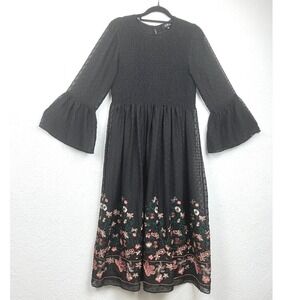 A.B.S. Collection Black Embroidered Midi Dress - M - Smocked Bell Sleeve Boho